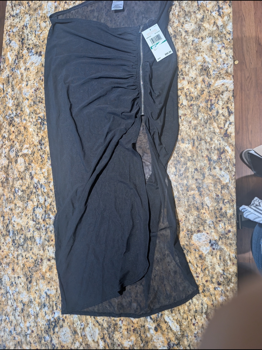 Michael Kors Black Ruched Midi Skirt Cover Up with Front Zip
